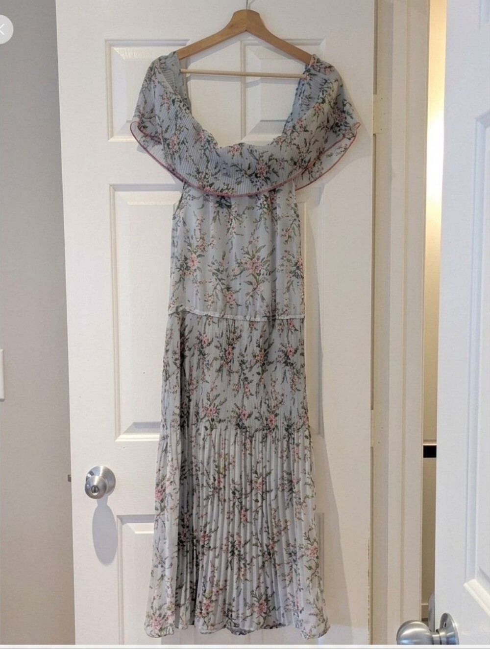 Vintage Romantic Floral Maxi Dress Plisse Pleated Baby Blue Boho Fairycore S/XS